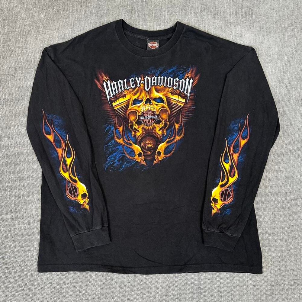 Y2K Harley Davidson flame skull long sleeve Faded Black T-shirt